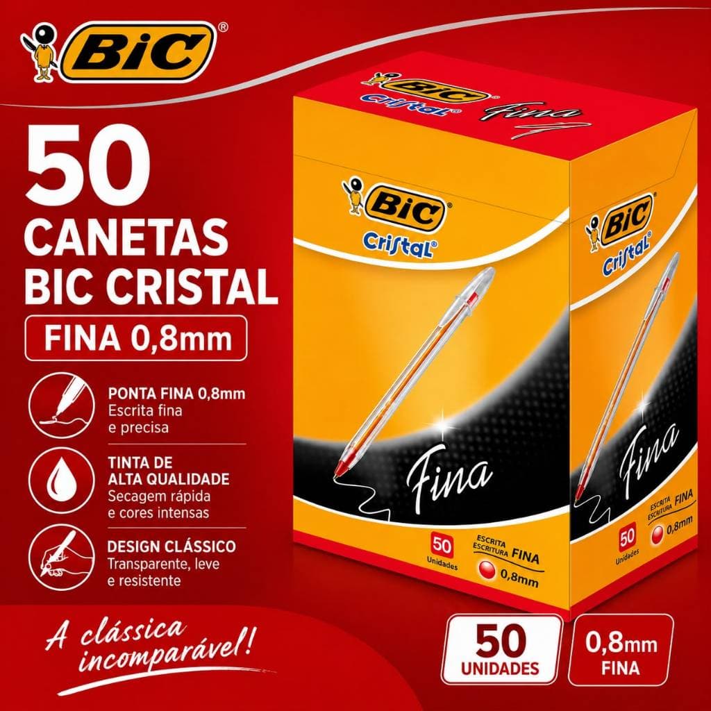 KIT 50 CANETAS BIC CRISTAL PONTA FINA VERMELHA 0,8mm CANETA ESFEROGRAFICA ESCOLAR/ESCRITORIO