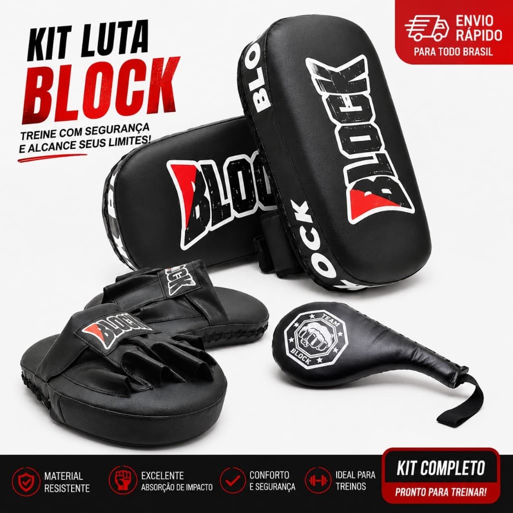 Kit Muay Thai MMA Profissional Aparador De Chute + Raquete + Manopla Block