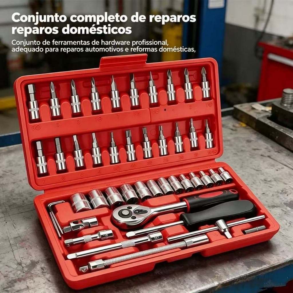 Jogo de Ferramentas 46 Peças Chave Catraca Soquete, Kit Mecânico para Reparo Automotivo e Residencial
