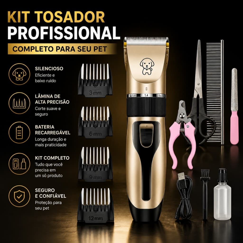 Máquina de Tosa Pet Sem Fio para Acabamento e Retoques Cães e Gatos 12 Peças