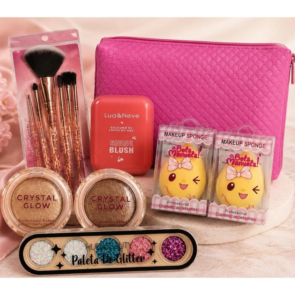 Kit Maquiagem Completo Necessaire + Pincéis + Glitter + Blush + Iluminadores + Esponjas