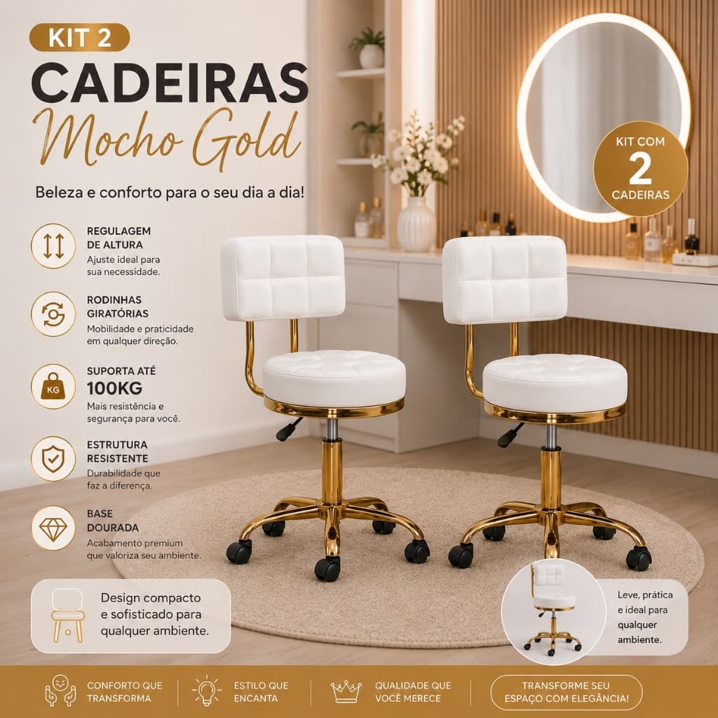 Kit 2 Cadeiras Mocho Gold Branca Estética Tattoo Clinica Salão Base Dourada