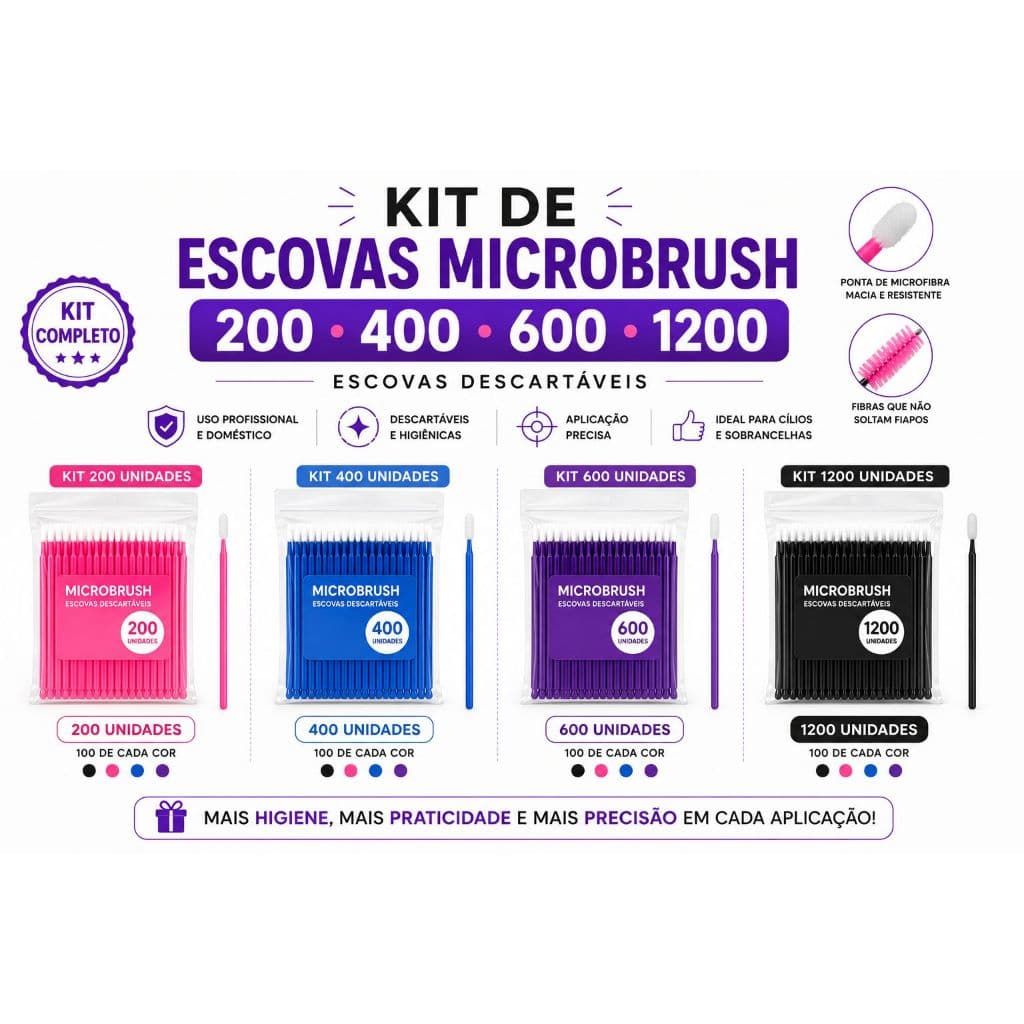 Micro Escovas Descartáveis Coloridas Kit Econômico 200 400 600 e 1200 Unidades Para Lash Designer