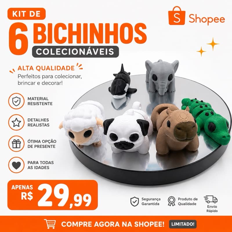 🐾 Kit 6 Bichinhos Articulados 3D Colecionáveis | Mini Animais Flexíveis | Decoração e Presente