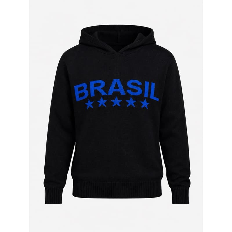 Casaco de Tricô Feminino Brasil com Capuz Manga Longa Inverno Quentinho