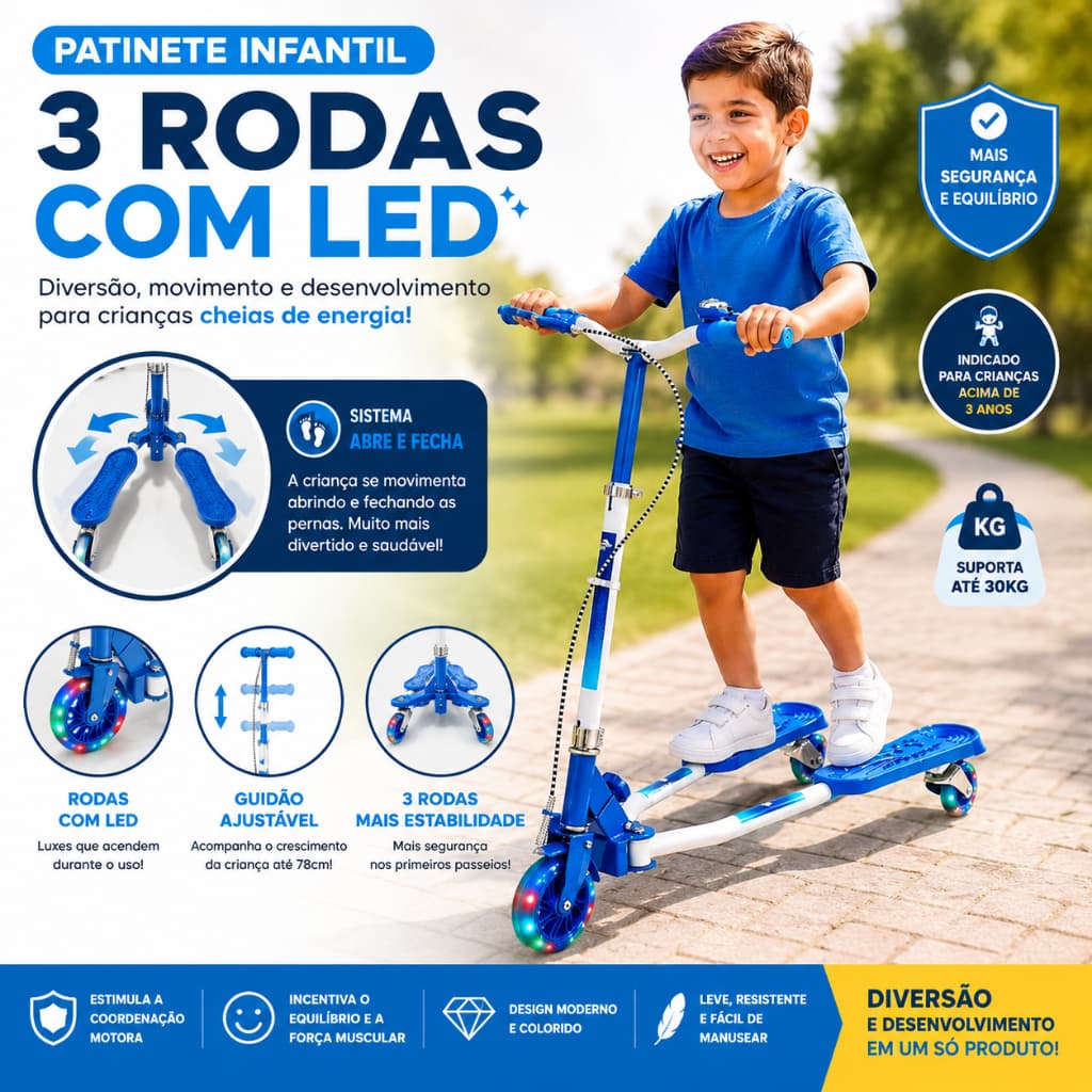 Patinete Infantil Dobrável Azul 3 Rodas LED Guidão Ajustável Abre e Fecha Seguro! ⚡