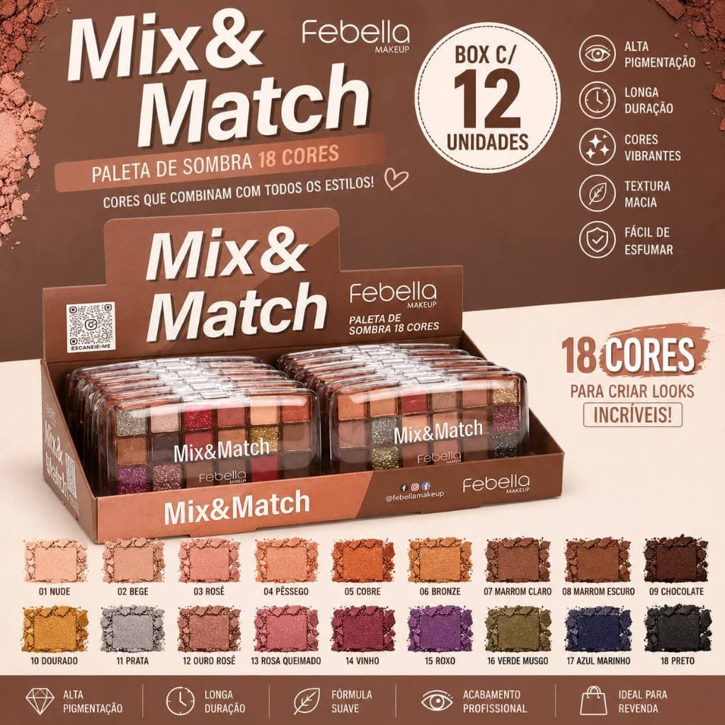 Box C/12 Paleta De Sombras Mix & Match Febella 18 Cores PSO30347