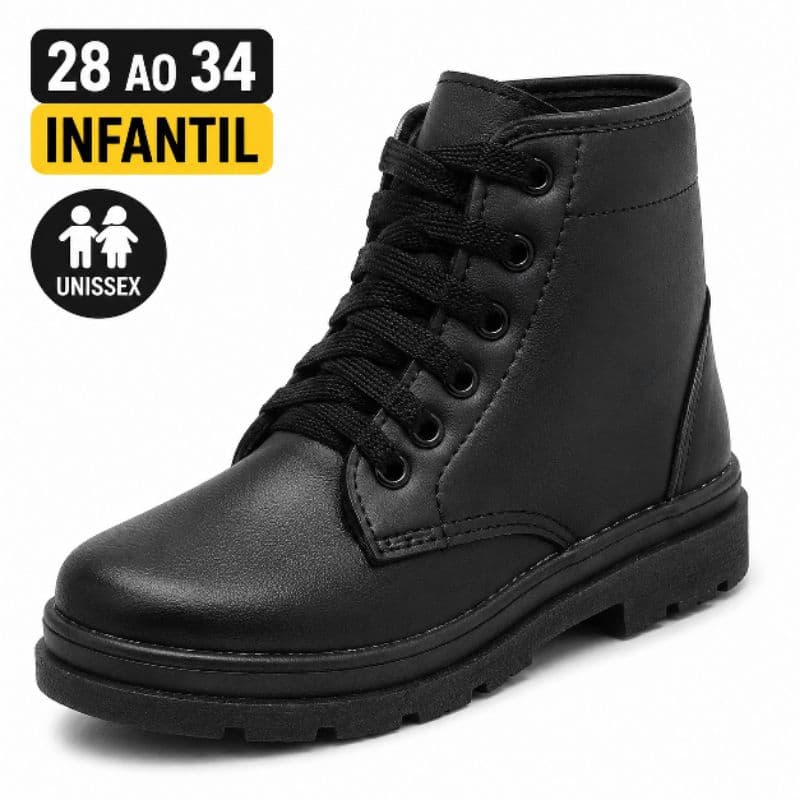 Bota Coturno Infantil Preto Unissex Cano Médio Solado Tratorado 28 ao 34.