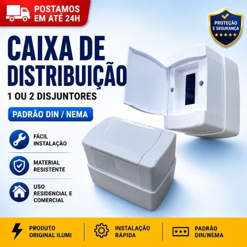 Caixa de Distribuição Elétrica Ilumi | Sobrepor p/ 1 ou 2 Disjuntores | Padrão DIN/NEMA