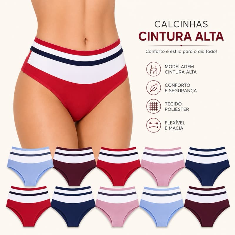 Kit 10 Calcinhas Tanga Cintura Alta Feminina com Forro 100% Algodão Cós Alto Confortável