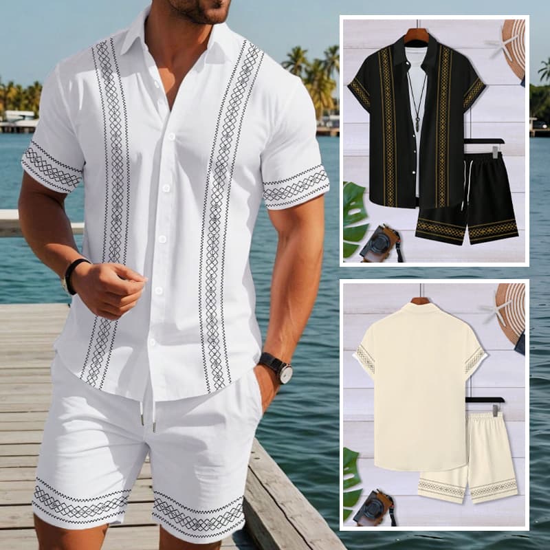 Conjunto Camisa e Short Adulto Masculino Verão Praia Casual Manga Curta Botão Frontal Respirável