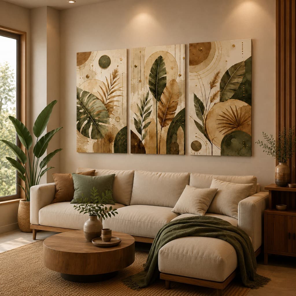 Quadro Decorativo Boho Folhagens Premium – Coleção Tropical Minimalista 3 Peças Elegantes