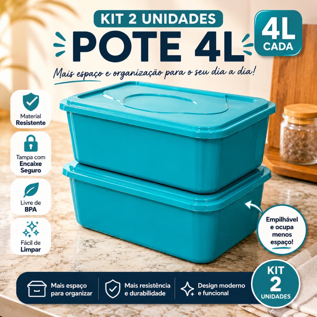 Kit 2 Potes Herméticos 4L Porta Mantimentos Organizador Cozinha Tampa Vedação