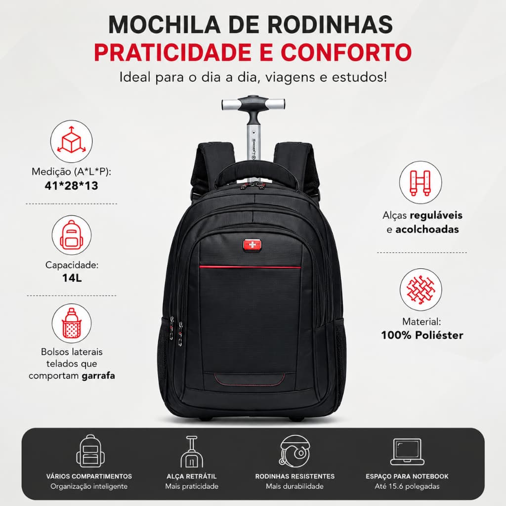 Mochila Bolsa Rodinhas Executiva Trabalho Resistente Notebook