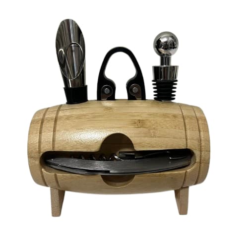 Kit Para Vinho 4 Peças Com Suporte Bambu Barril e Acessórios