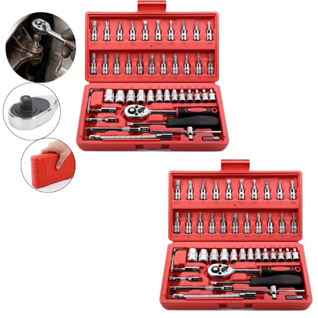 Kit 2 Jogo De Ferramentas Maleta Kit 46 Pecas Catraca Soquete Vermelho