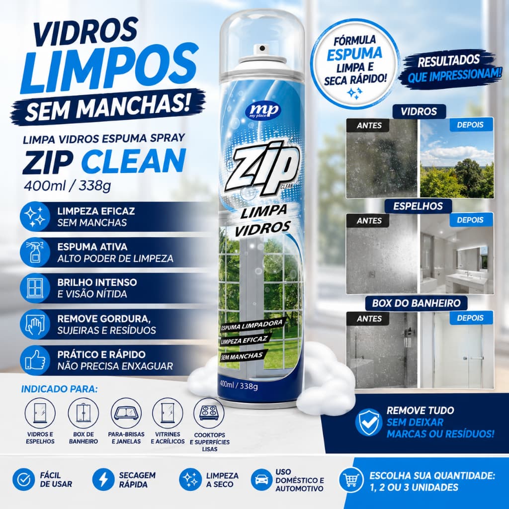 Limpa Vidros Spray Zip Clean 400ml Espuma Sem Manchas a Seco Espelho Box Vidro Carro Multiuso