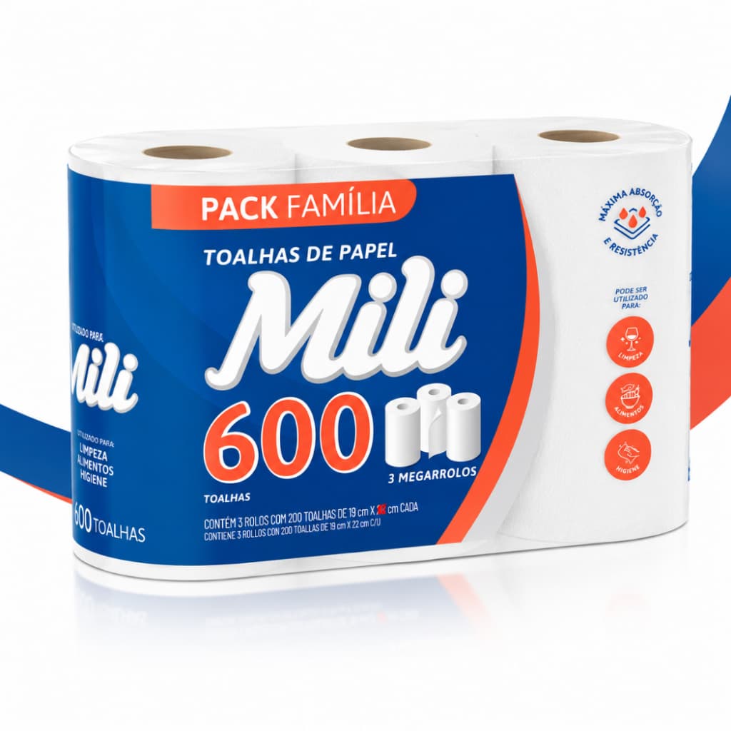 Toalha De Papel Mili 600 Toalhas Pack Família 3 Megarrolos Alta Absorção Para Limpeza e Alimentos