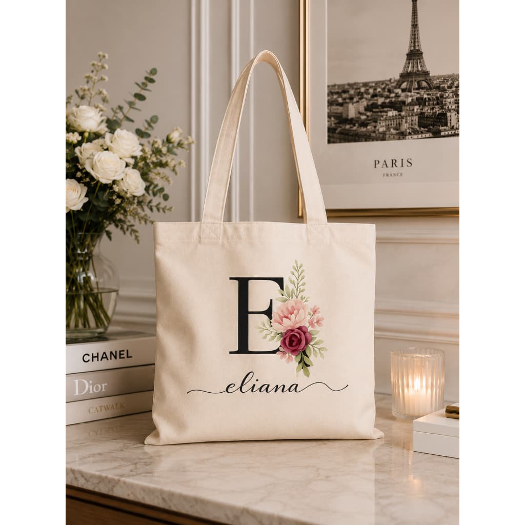 Ecobag Personalizada com Nome e Inicial Preta - Bolsa Sacola Algodão Cru - Presente Criativo