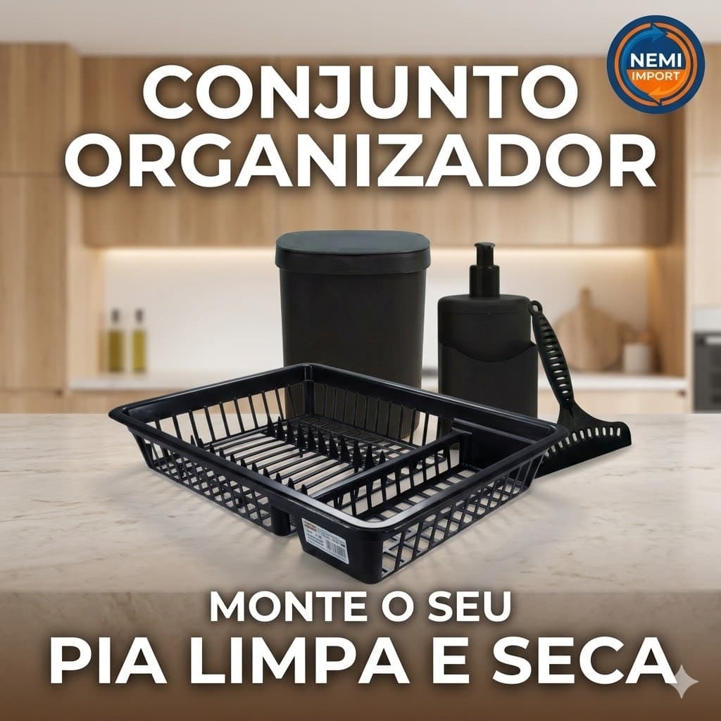 Conjunto Organizador de Pia Escorredor Dispenser Lixeira 3,5L