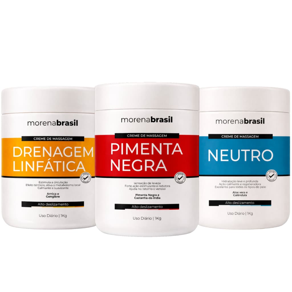 Kit 3x Creme de Massagem Profissional - Drenagem Linfática + Neutro + Pimenta Negra