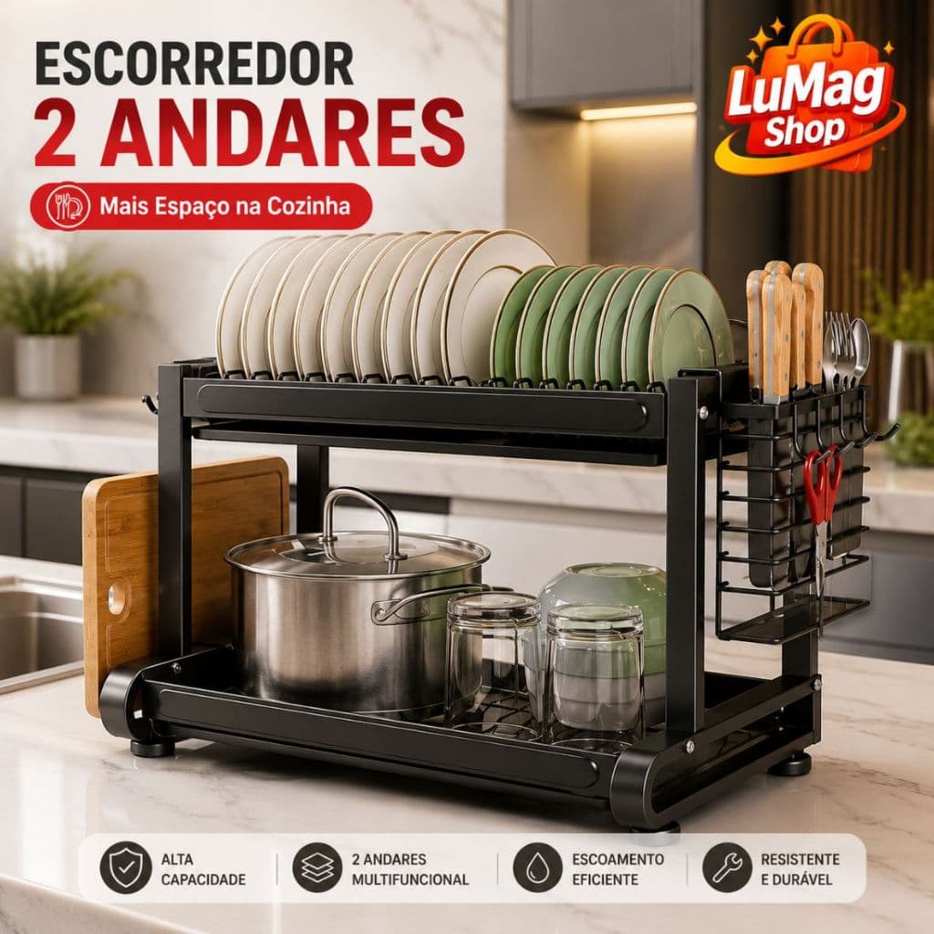 Escorredor de Louças 2 Andares Multifuncional Preto Porta Talheres Copos Pratos Organizador Pia