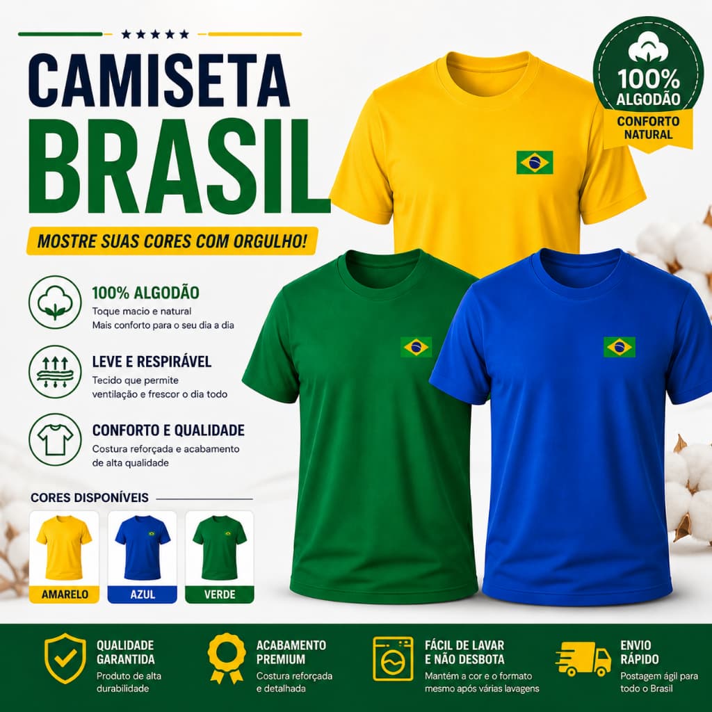 Camiseta Brasil Masculina 100% Algodão Bandeira Brasileira Verde Azul Amarela