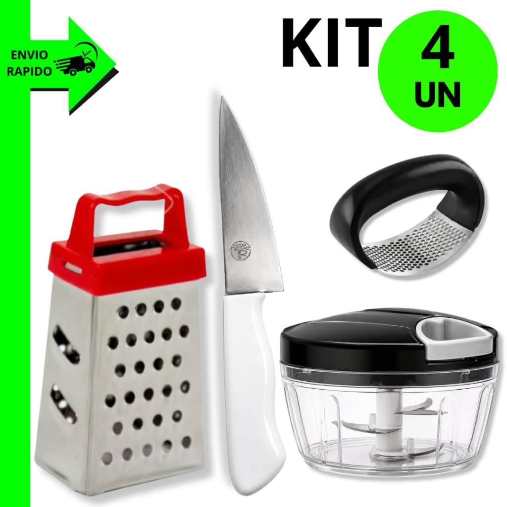 Kit Utensílios de Cozinha Processador Manual 3 Lâminas 500ml+Ralador 4 Faces+Amassador de Alho+Faca 5" Para Restaurantes