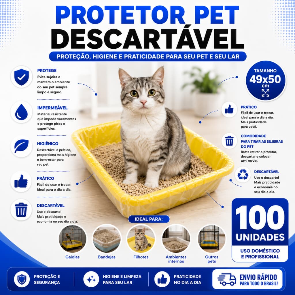 Forro Pet Descartável plastico 100UN Bandeja até 49x50 Higiênica Gato, Passarinho e Impermeável