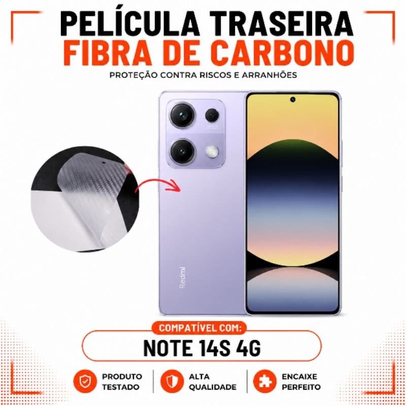 Kit De Película Redmi Note 14S 4G Películas Traseira de Proteção Fibra Carbono Skin Transparente