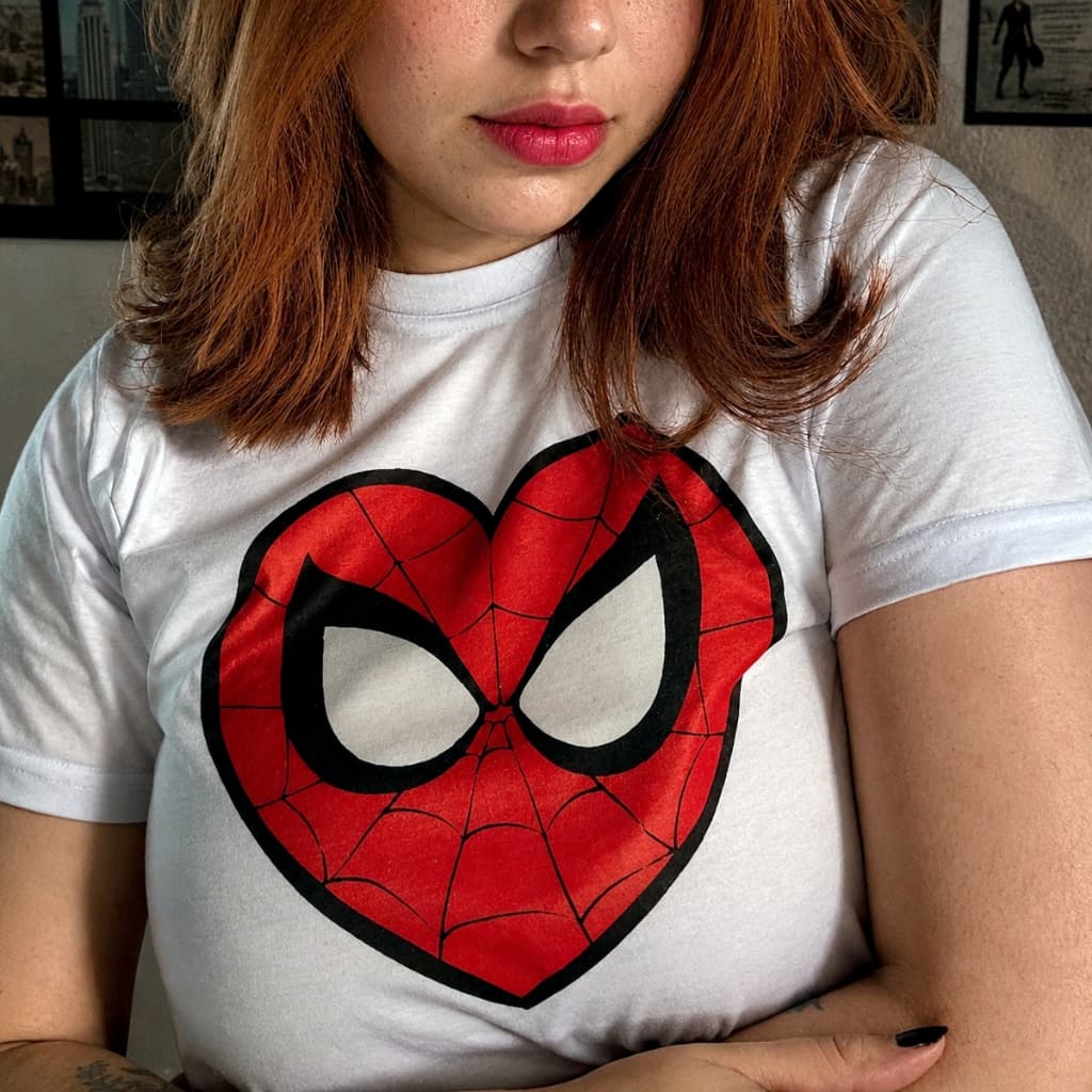 Camiseta Mary Jane Aranha Coração Geek Heróis Quadrinhos Unissex e Babylook Poliéster