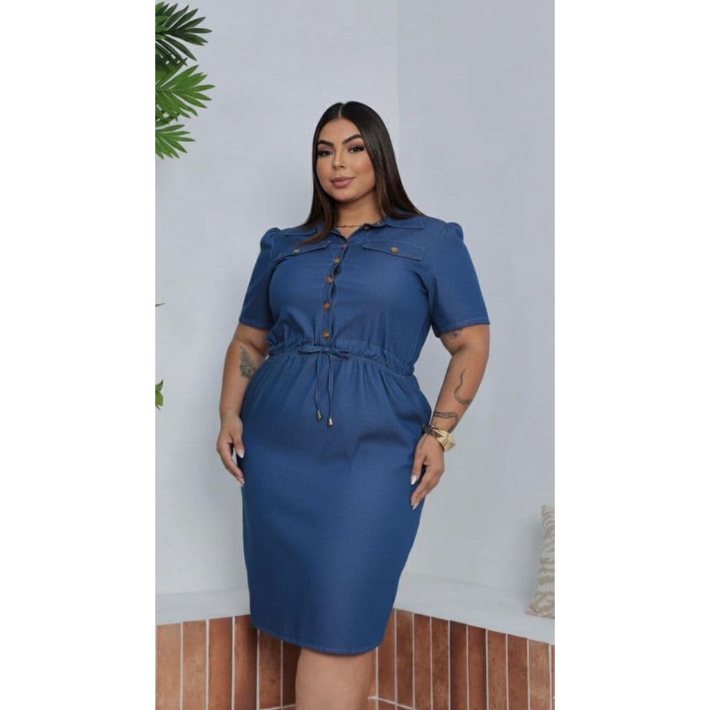Vestido Plus Size Midi Acinturado Feminino com Botões Frontais e Bolsos | Moda Casual Elegante