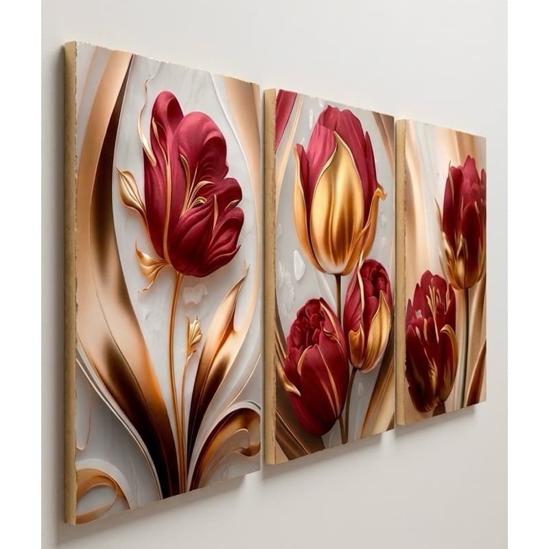 Kit 3 Quadros Decorativos Flores Vermelhas e Douradas Luxo Moderno MDF 3mm e A Prova d'Água