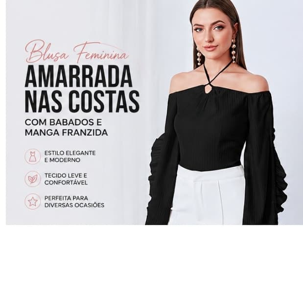 Blusa Ciganinha Preta Elegante Amarração Pescoço Canelada