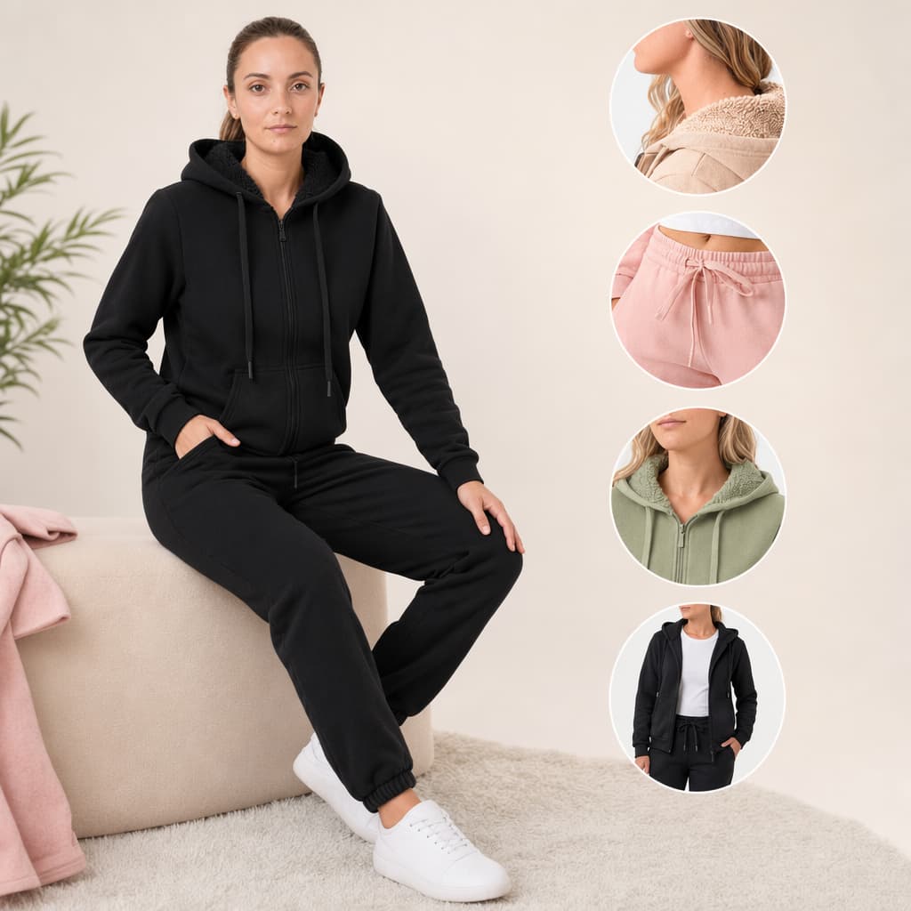 Conjunto Moletom Flanelado Feminino com Bolsos Capuz Peluciado Zíper