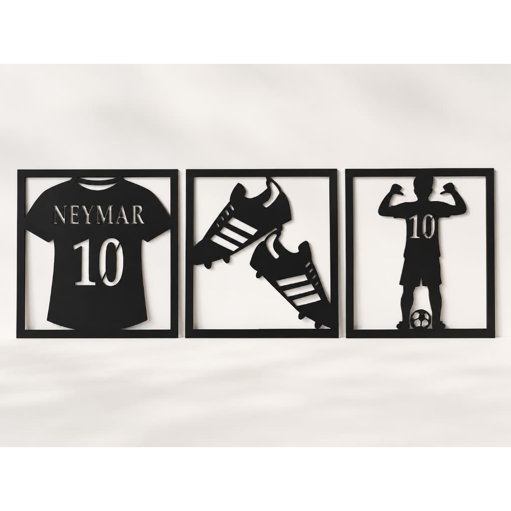 Kit 3 Quadros Decorativos Futebol Camisa 10 Chuteira Jogador MDF Preto 3mm Para Sala Quarto Parede
