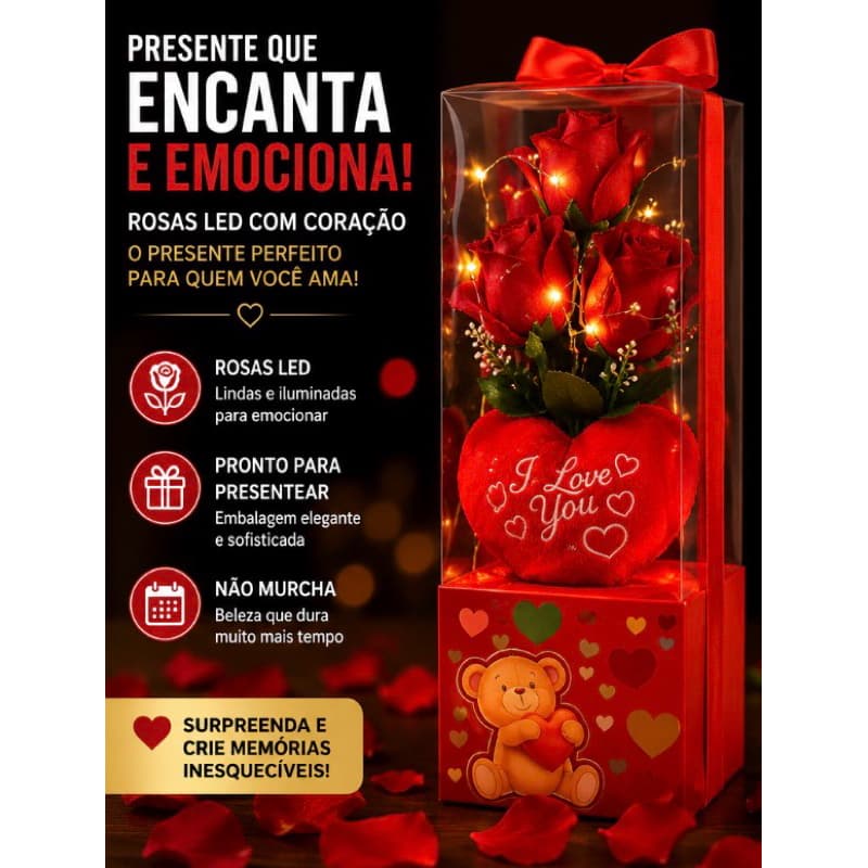 🌹 Rosas LED Vermelhas Com Coração Presente Romântico Amor