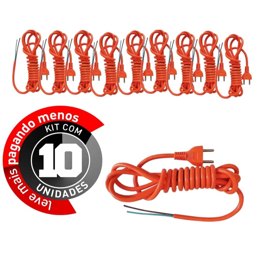 Kit 10 Cabos Força 10A 3Metros Laranja - Atacado Economia Máxima 127/220v