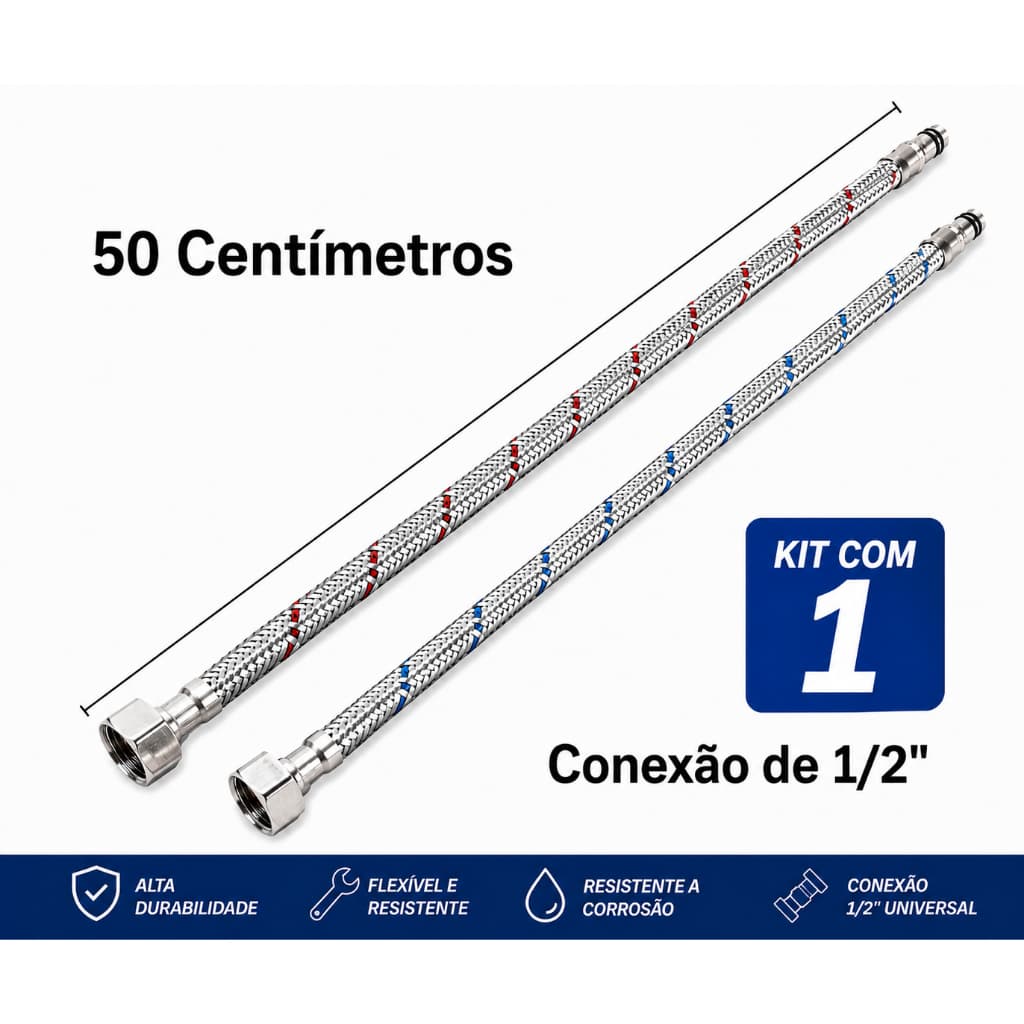 Engate Flexível Inox 50cm 1/2" para Misturador Monocomando | Antivazamento | 1 PAR