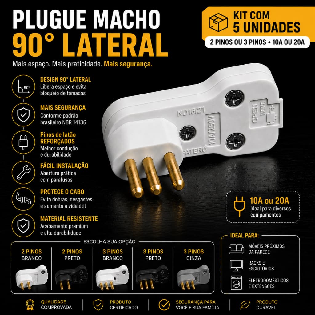 Kit 5 Peças Plugue Longitudinal Pino Macho 90° Lateral 10 e 20A 2P+T Voltim