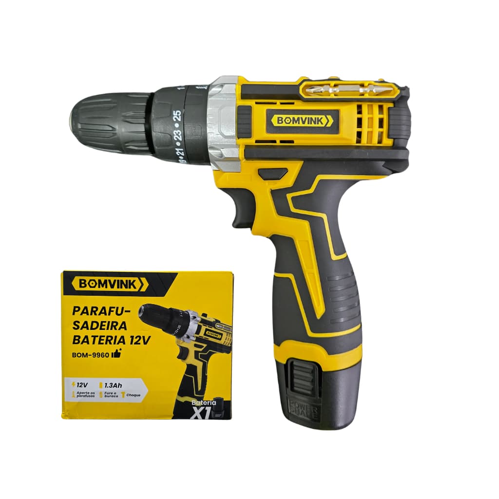 Parafusadeira Furadeira Com Impacto Sem Fio 12V Bateria Litio 1.3Ah Luz LED Controle Torque Bivolt