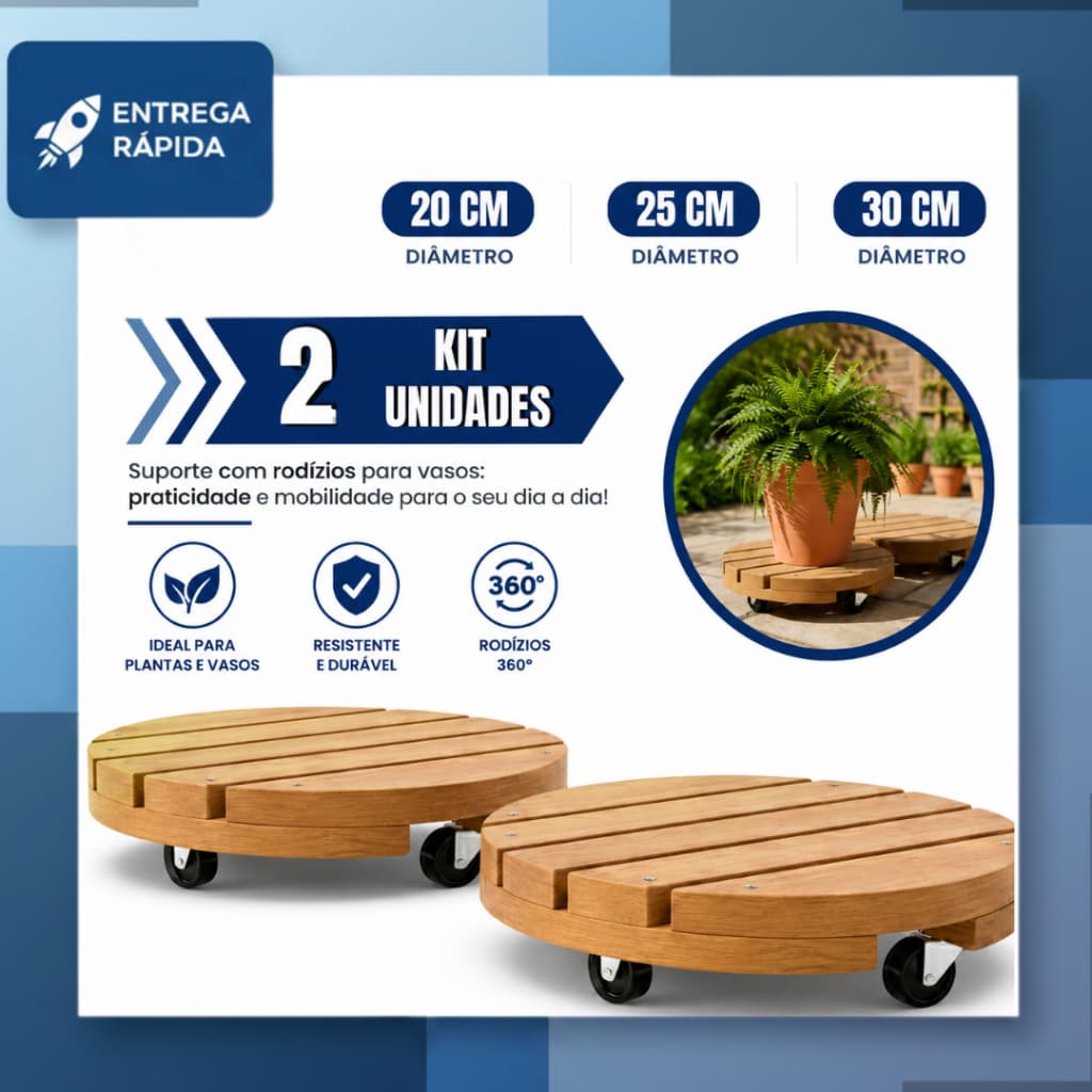 Kit com 2 Suporte Redondo Com Rodinhas - 20cm 25cm 30cm Suporta Até 80 kg Para Botijão Ou Vaso De Pla