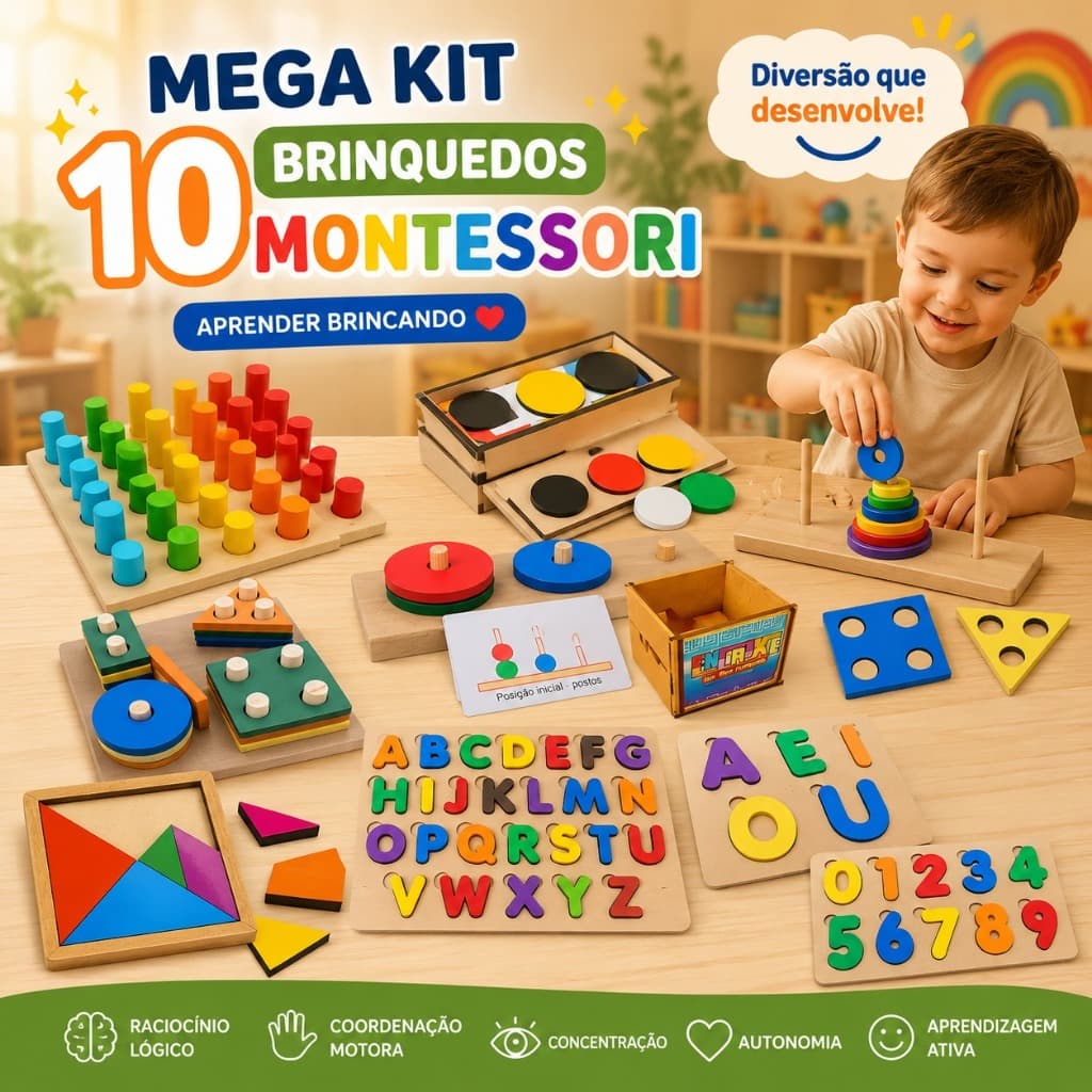 Mega Kit 10 Brinquedos Educativos Montessori Autismo TDAH Escolar Infantil MDF e EVA
