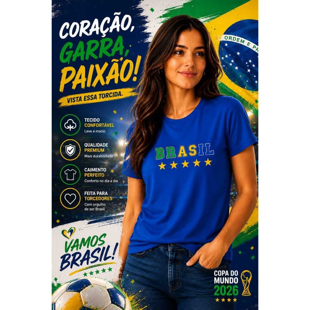 Camiseta  Feminina t-shirt Brasil Colors Estampa Premium Com 5 Estrelas Camisa Casual Confortável Moda Torcida Futebol