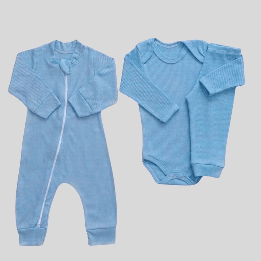 Kit Bebê 3 Peças Canelado 100% Algodão Macacão Body e Calça RN ao 1 Ano Conforto