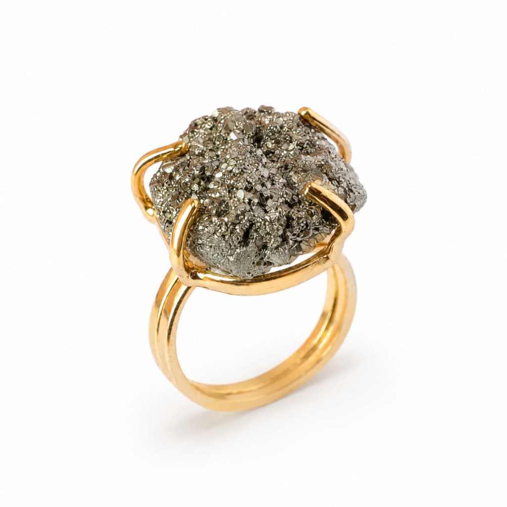 Anel Pirita Natural Regulável Banhado Ouro 18K Prosperidade Abundância Semi Joias Cristal Energético