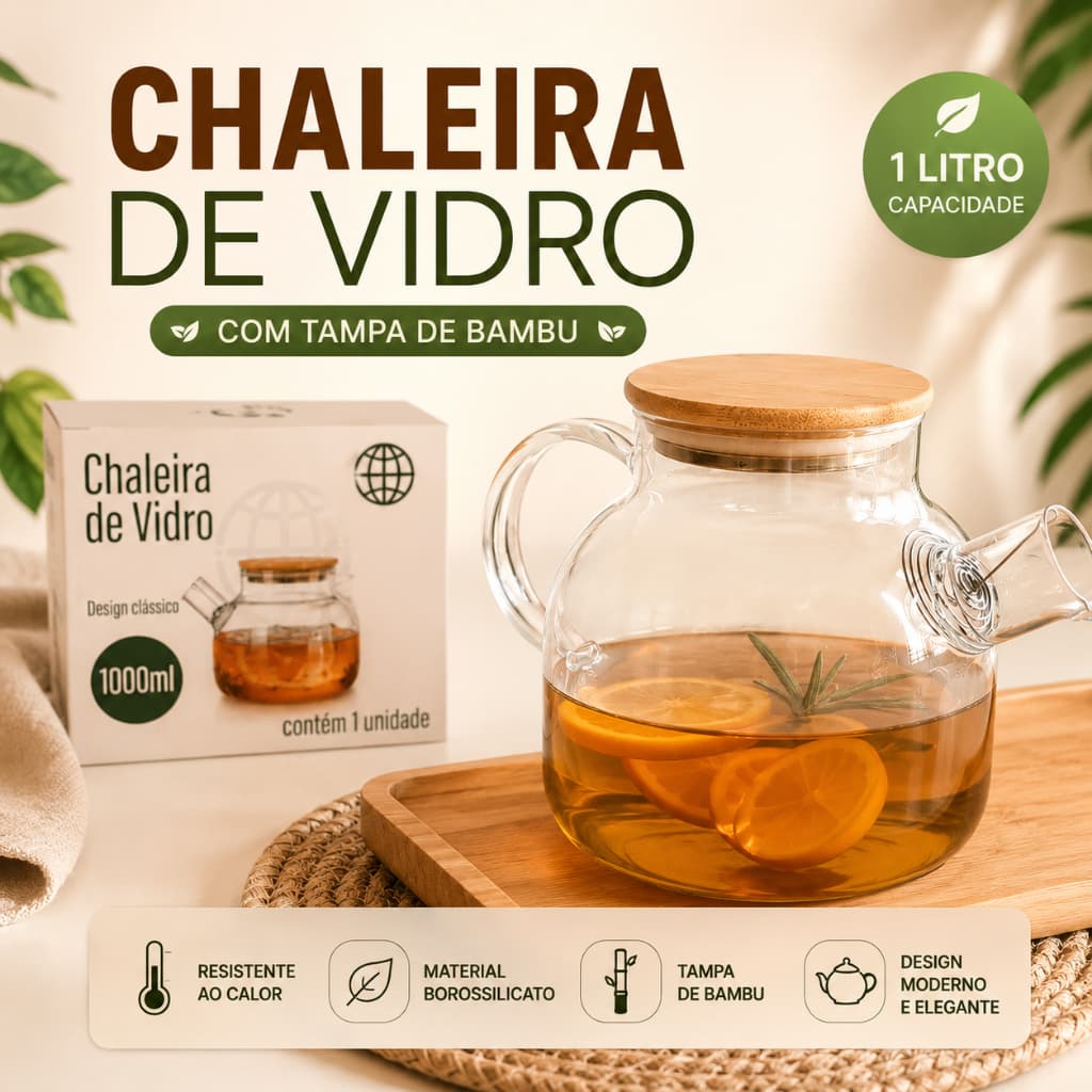 Chaleira de Vidro Borossilicato 1L Tampa de Bambu, Bule Infusor para Chá, Jarra Resistente ao Calor