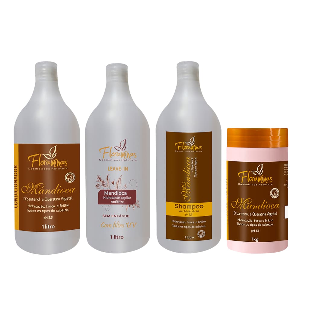 Kit Shampoo | Condicionador | Leave-in | Máscara Capilar Mandioca Queratina Vegetal e D Pantenol kg/litro Floraminas