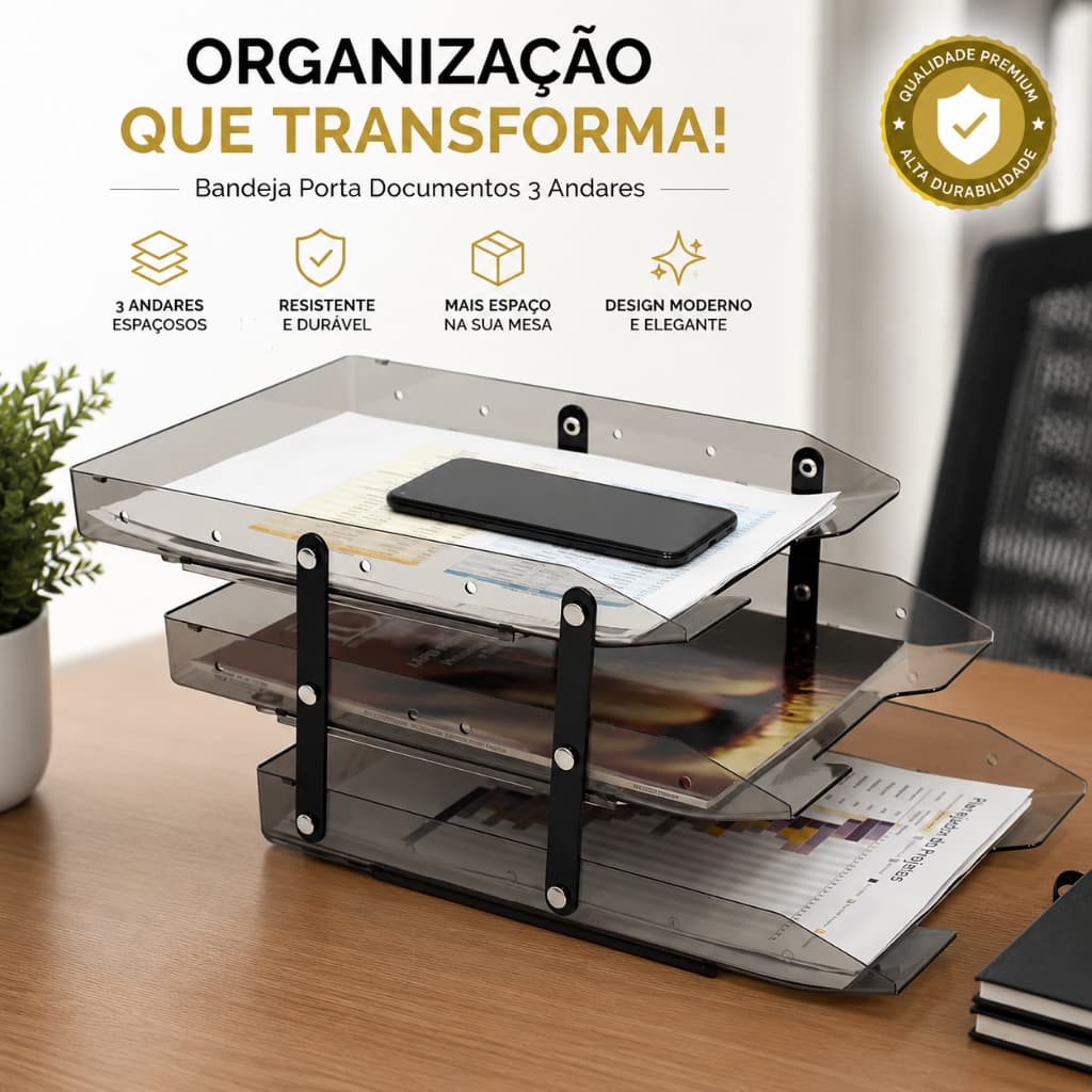 Organizador de Mesa 3 Andares Espaçoso Porta Documentos Bandeja Escritório Home Office Premium Preto