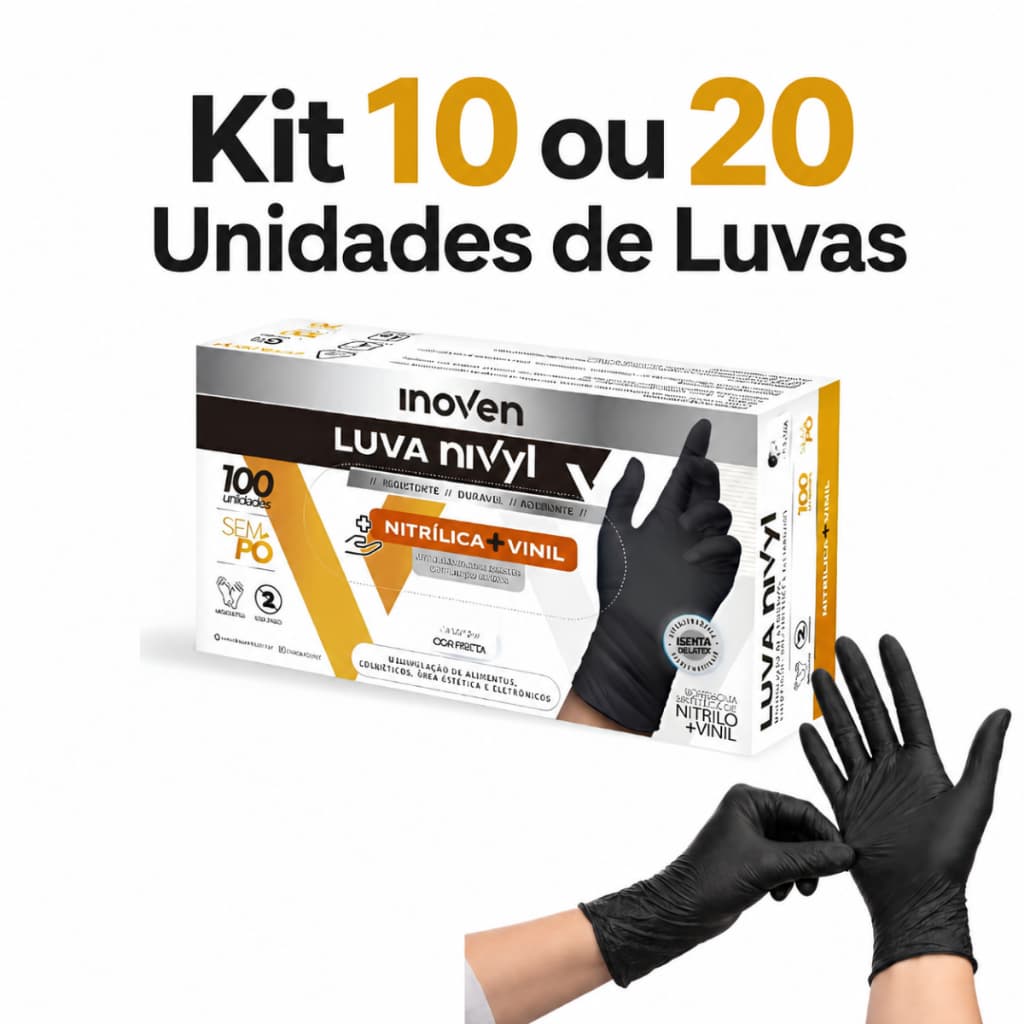 Luva Preta Descartável Vinil + Nitrílica sem pó / 10 ou 20 unidades Resistente Estética Cozinha